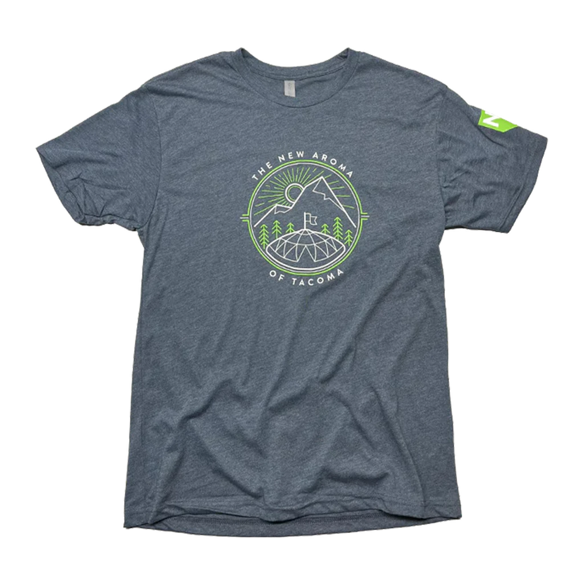 indigo colored tee with clean line art graphic printed for Aroma of Tacoma, high-detail screen printing in Washington