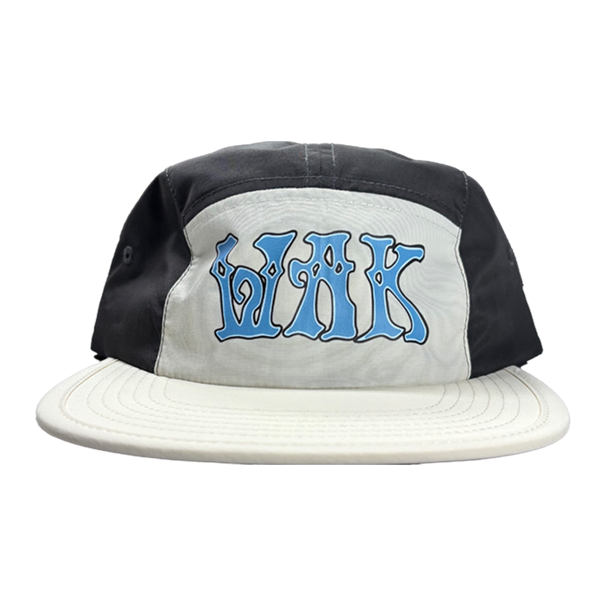 navy 5-panel hat with multi-color WAK front print, custom hat printing for PNW clothing brands