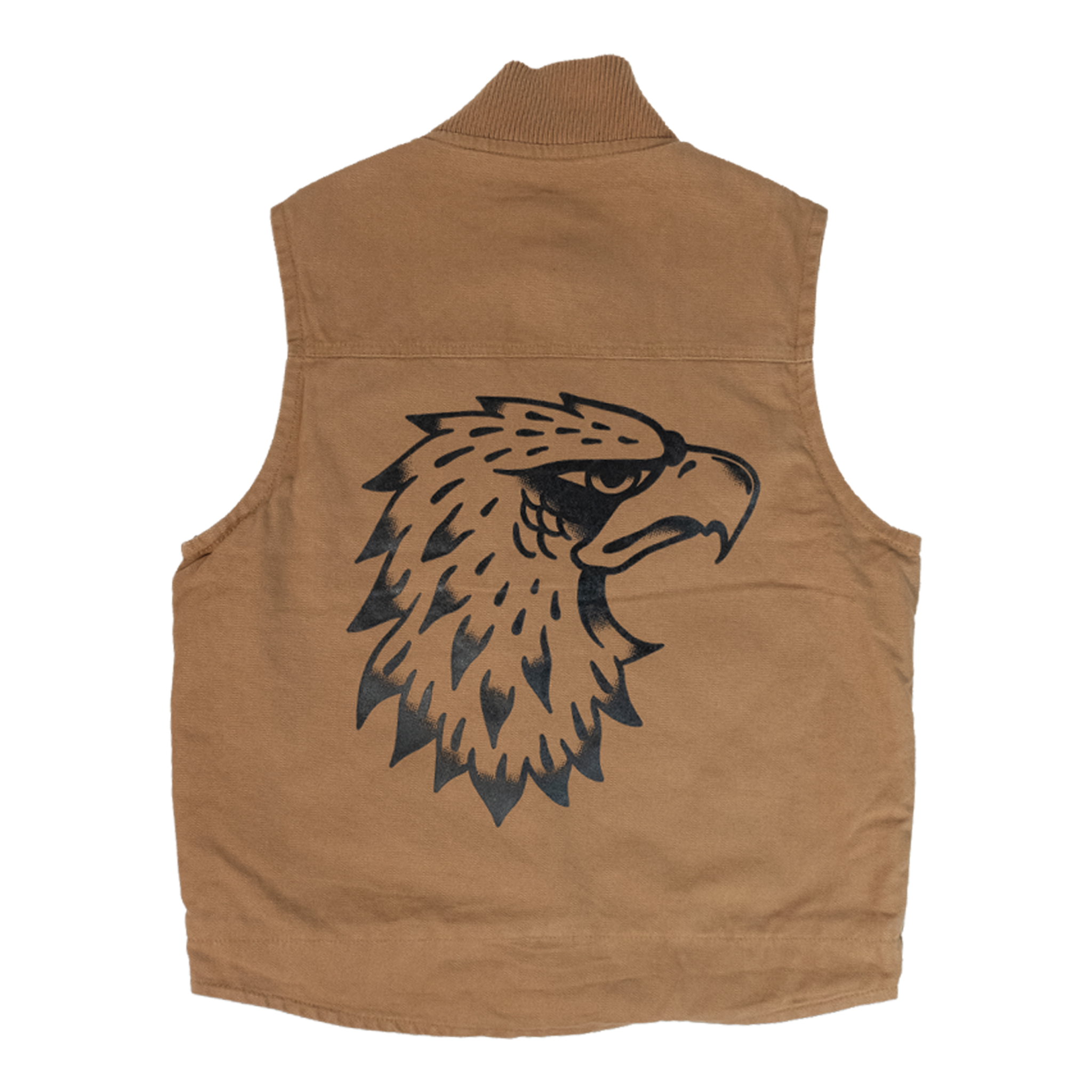 brown canvas work vest with eagle and sunrise back print for WAK, custom outerwear printing in Washington
