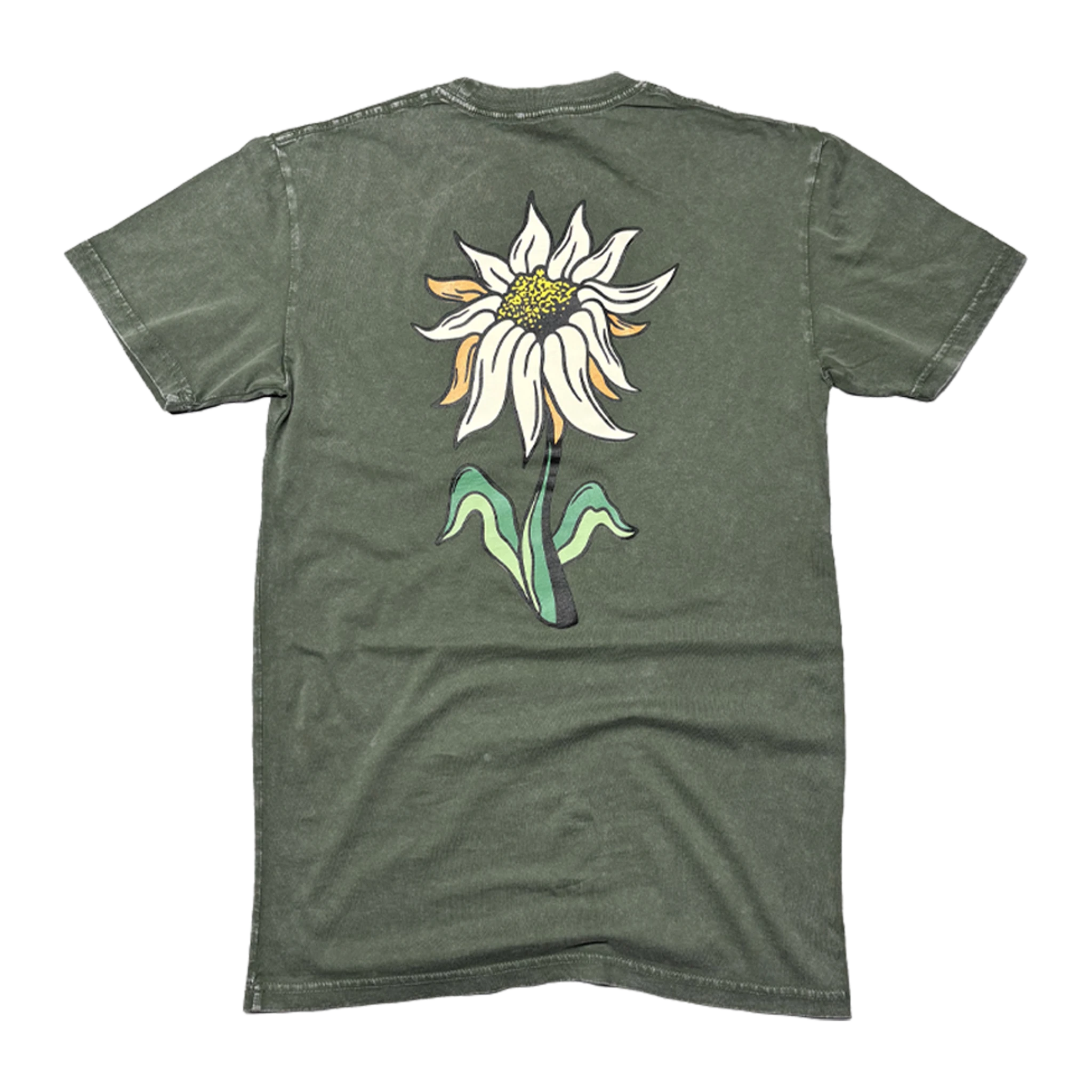 vintage wash tee with multi-color flower back print for WAK, custom screen printing for PNW clothing brands