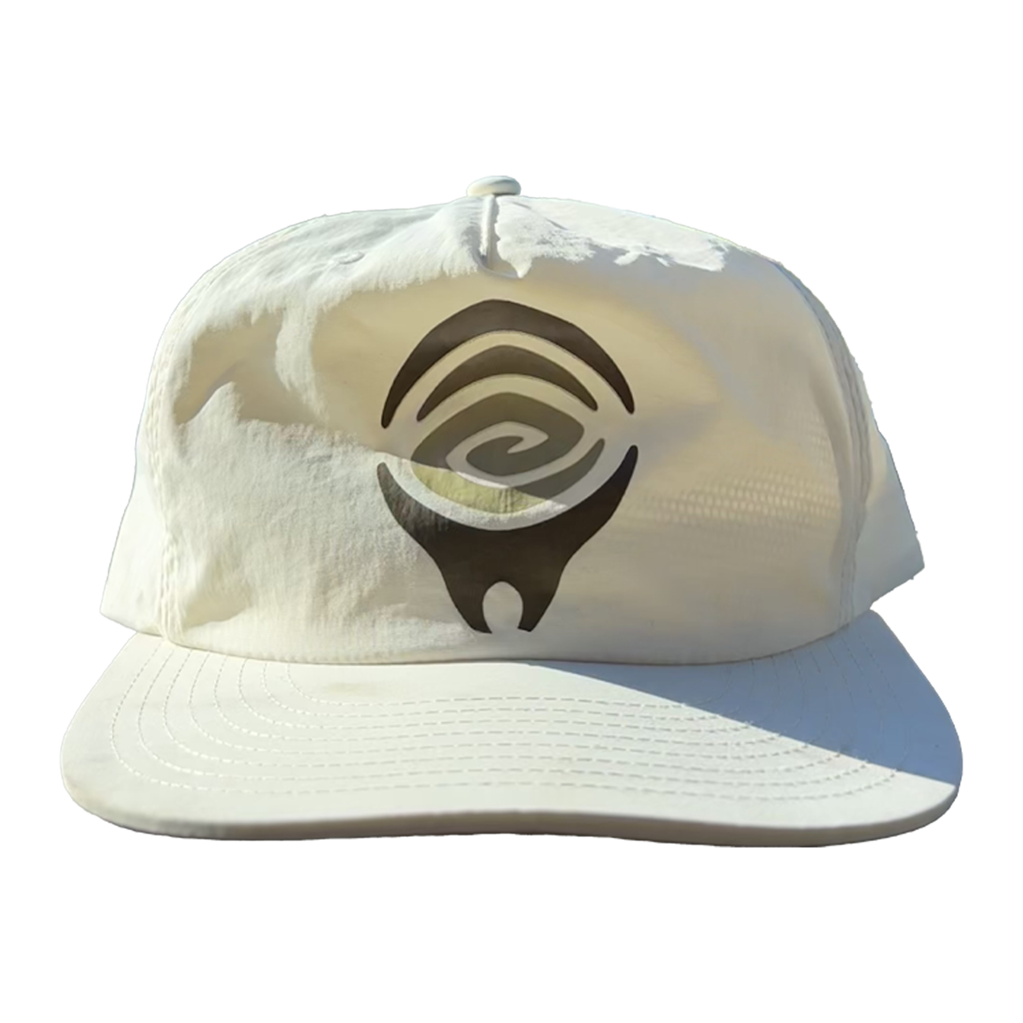 white nylon hat with minimalist swirl logo, custom printed hats for outdoor and gorp core brands in Washington