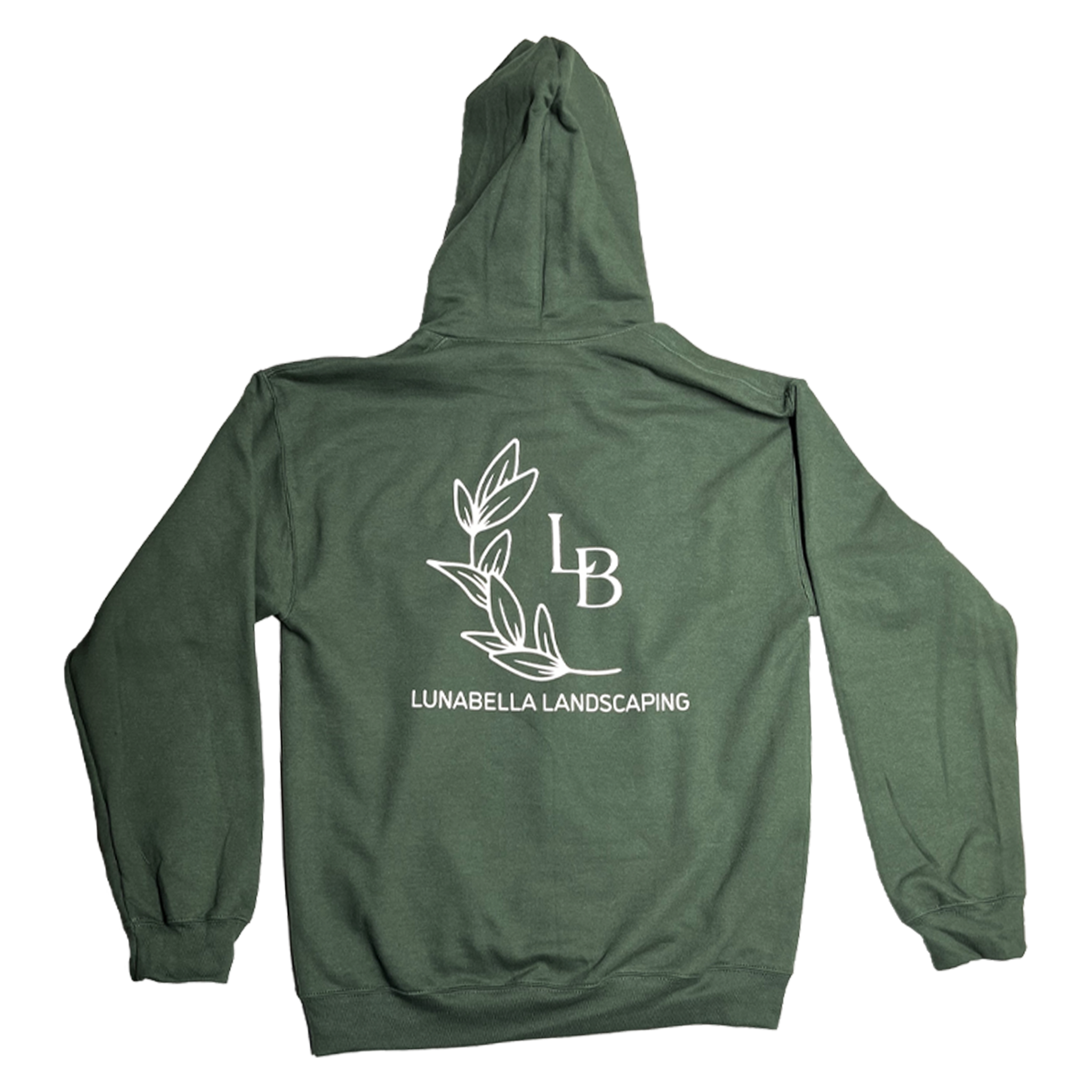 forest green hoodie with white chest logo for Lunabella Landscaping, small business apparel printed in Enumclaw Washington