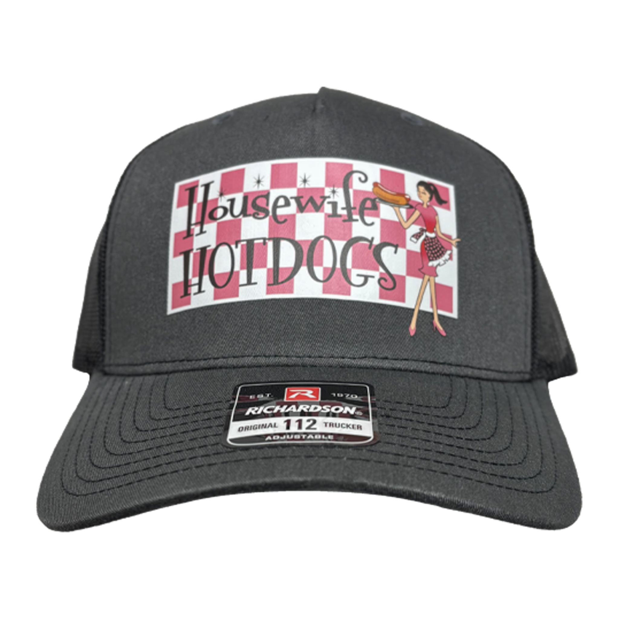 Richardson 112 trucker hat with full-color Housewife Hotdogs front print, custom hats for local Washington businesses