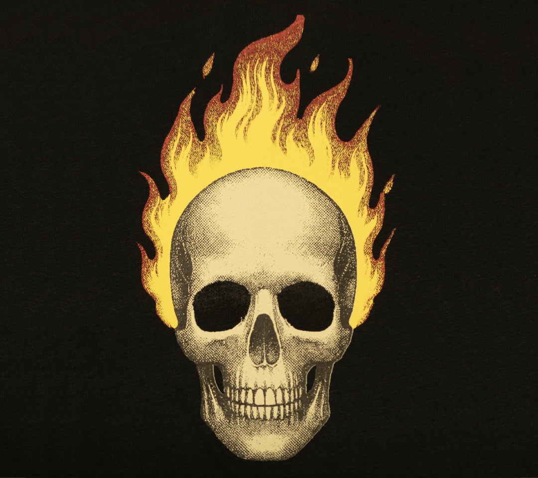 high-detail skull and flames graphic printed on black tee, example of premium screen printing quality by Sundays Screen Printing