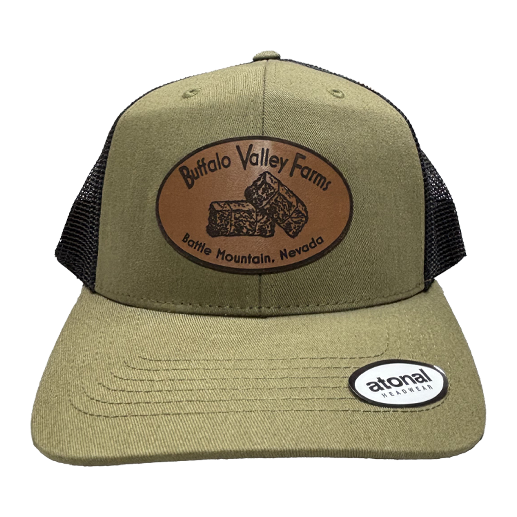 Olive green trucker hat with laser-engraved leather patch for Buffalo Valley Farms, custom patch hats  in Washington
