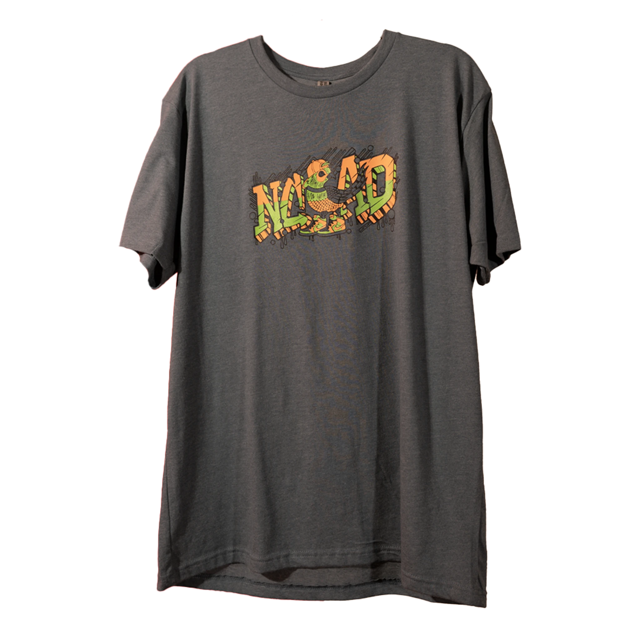 charcoal NCAD tee with multi-color cartoon bird graphic, custom screen printed in Enumclaw Washington for NCAD summer camp