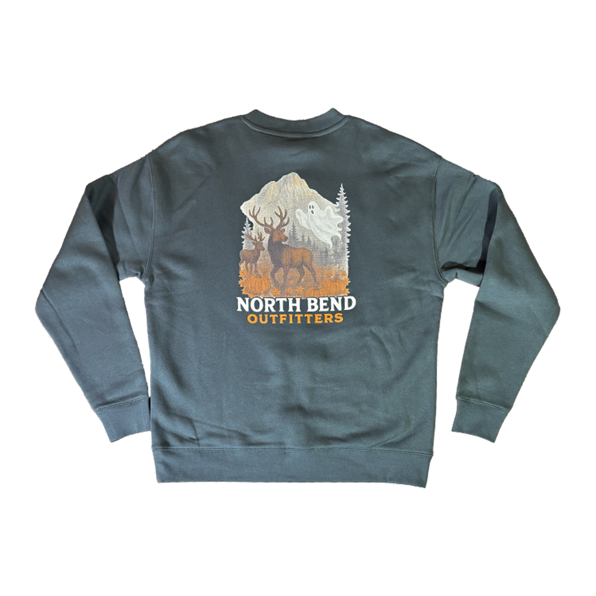 dark crewneck sweatshirt with multi-color elk and mountain graphic for North Bend Outfitters, PNW outdoor Brand