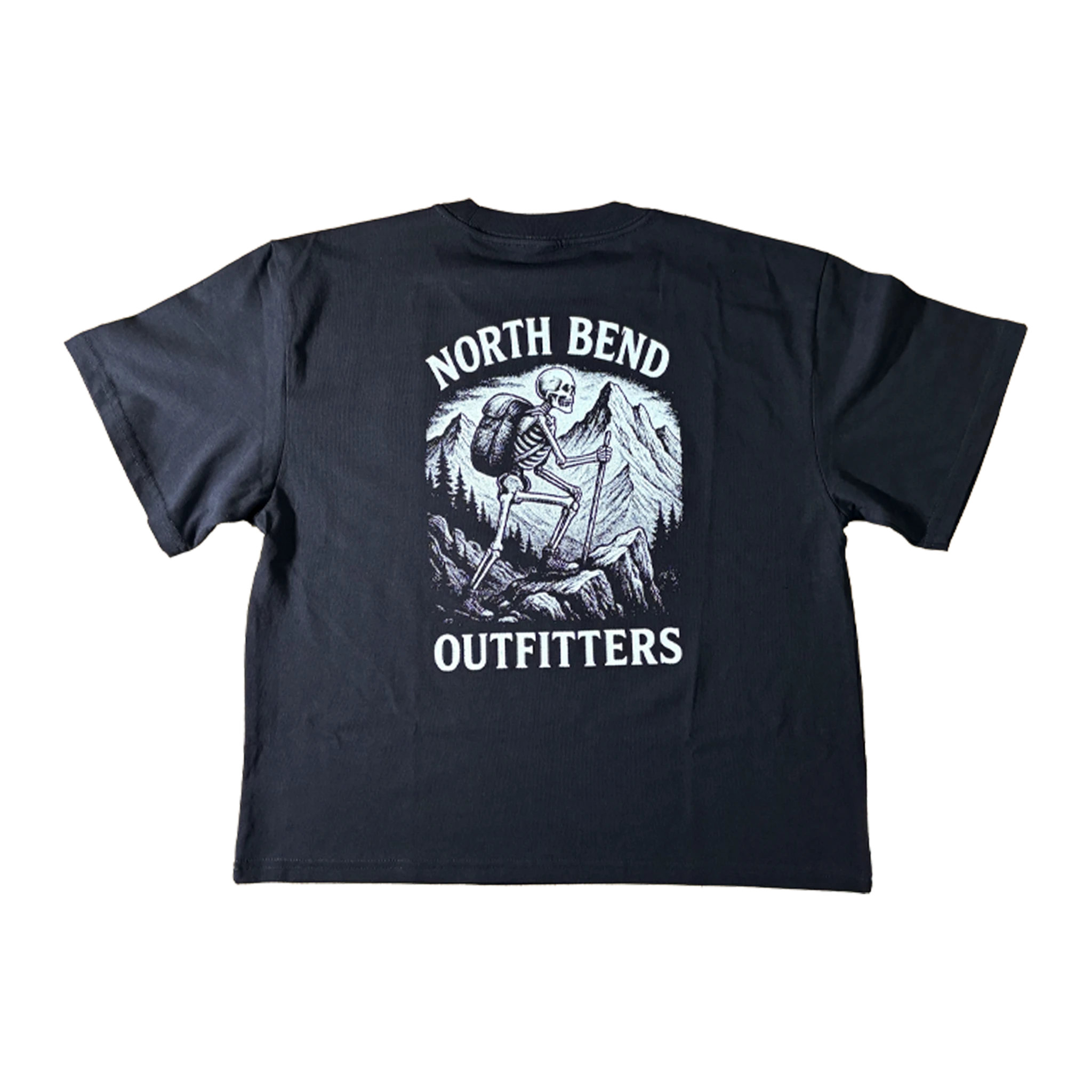 black tee with detailed skeleton hiker back print for North Bend Outfitters, custom screen printed in Washington