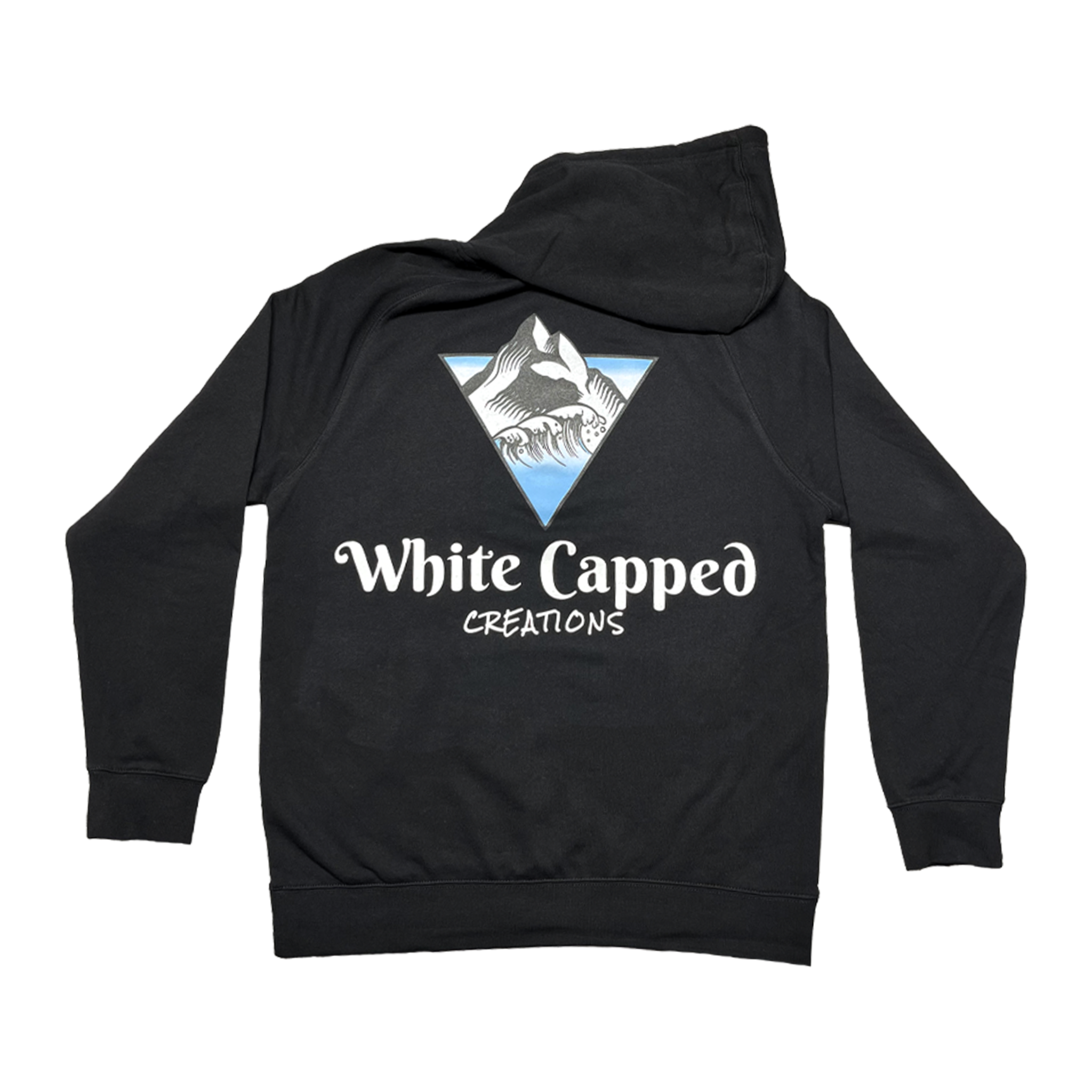 black hoodie with large orca and wave back print for White Capped Creations, custom hoodie printing in Washington